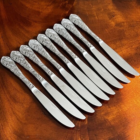 9 Vintage Reed & Barton Modern Flora Select Dinner Knives Stainless Flatware 9" - Picture 5 of 10